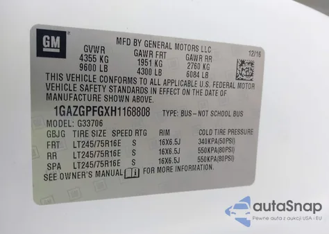 2017 Chevrolet Express 3500 Lt from USA, damaged, VIN 1GAZGPFGXH1168808